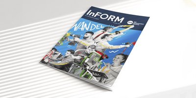 Das Magazin 'InFORM' zeigt eine dynamische Collage von Menschen, die kreativ mit Werkzeugen und Kameras arbeiten.